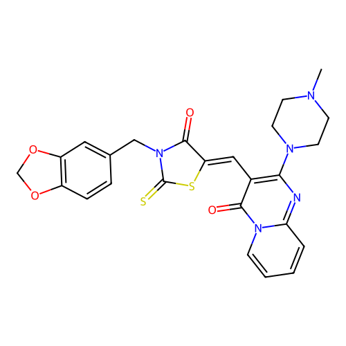 3-{(Z)-[3-(1,3-benzodioxol-5-ylmethyl)-4-oxo-2-thioxo-1,3-thiazolidin-5-ylidene]methyl}-2-(4-methylpiperazin-1-yl)-4H-pyrido[1,2-a]pyrimidin-4-one structure