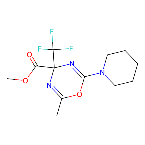 methyl 2-methyl-6-(piperidin-1-yl)-4-(trifluoromethyl)-4H-1,3,5-oxadiazine-4-carboxylate structure