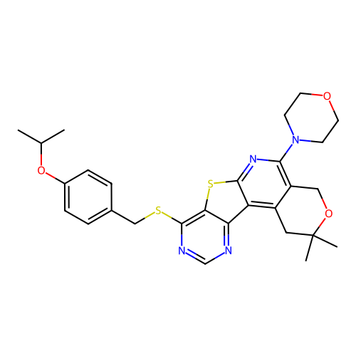 2,2-dimethyl-5-(morpholin-4-yl)-8-{[4-(propan-2-yloxy)benzyl]sulfanyl}-1,4-dihydro-2H-pyrano[4'',3'':4',5']pyrido[3',2':4,5]thieno[3,2-d]pyrimidine structure