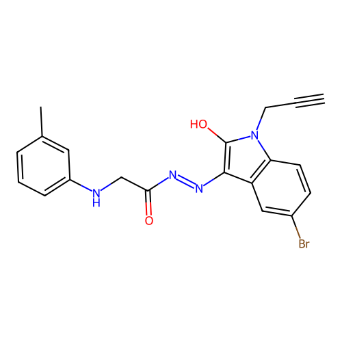 N-[(5-bromo-2-oxo-1-prop-2-ynyl-indol-3-ylidene)amino]-2-[(3-methylphenyl)amino]acetamide structure