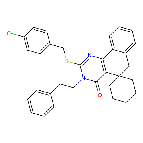 2-((4-chlorobenzyl)thio)-3-phenethyl-3H-spiro[benzo[h]quinazoline-5,1'-cyclohexan]-4(6H)-one structure