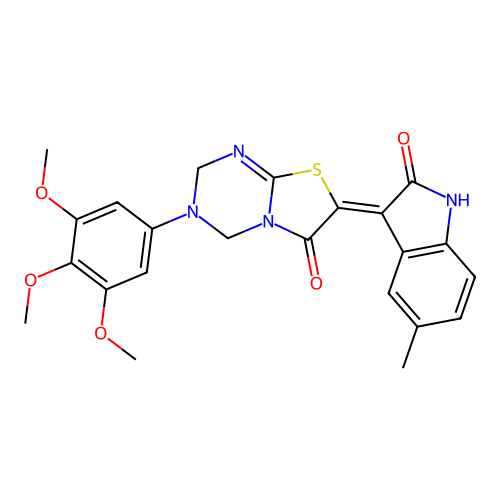 (7Z)-7-(5-methyl-2-oxo-1,2-dihydro-3H-indol-3-ylidene)-3-(3,4,5-trimethoxyphenyl)-3,4-dihydro-2H-[1,3]thiazolo[3,2-a][1,3,5]triazin-6(7H)-one structure