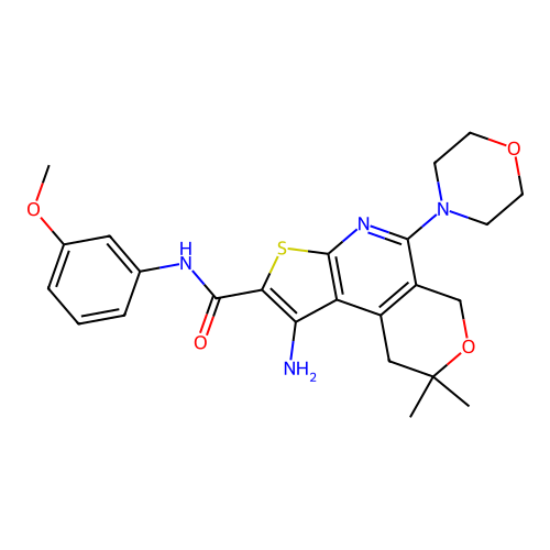 1-amino-N-(3-methoxyphenyl)-8,8-dimethyl-5-(morpholin-4-yl)-8,9-dihydro-6H-pyrano[4,3-d]thieno[2,3-b]pyridine-2-carboxamide structure