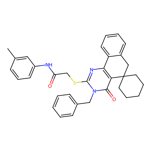 2-((3-benzyl-4-oxo-4,6-dihydro-3H-spiro[benzo[h]quinazoline-5,1'-cyclohexan]-2-yl)thio)-N-(m-tolyl)acetamide structure