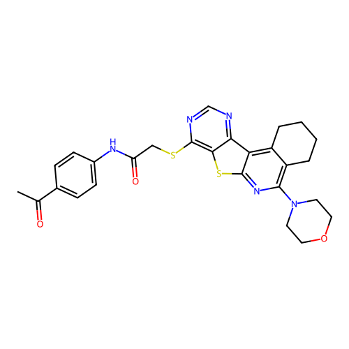 N-(4-acetylphenyl)-2-((5-morpholino-1,2,3,4-tetrahydropyrimido[4',5':4,5]thieno[2,3-c]isoquinolin-8-yl)thio)acetamide structure