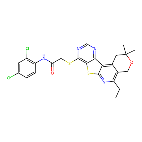 N-(2,4-dichlorophenyl)-2-((5-ethyl-2,2-dimethyl-2,4-dihydro-1H-pyrano[4'',3'':4',5']pyrido[3',2':4,5]thieno[3,2-d]pyrimidin-8-yl)thio)acetamide structure