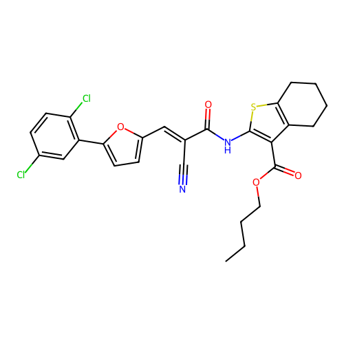 (E)-butyl 2-(2-cyano-3-(5-(2,5-dichlorophenyl)furan-2-yl)acrylamido)-4,5,6,7-tetrahydrobenzo[b]thiophene-3-carboxylate structure