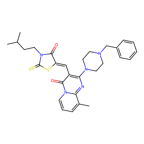 2-(4-benzylpiperazin-1-yl)-9-methyl-3-{(Z)-[3-(3-methylbutyl)-4-oxo-2-thioxo-1,3-thiazolidin-5-ylidene]methyl}-4H-pyrido[1,2-a]pyrimidin-4-one structure