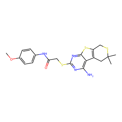 2-[(4-amino-6,6-dimethyl-5,8-dihydro-6H-thiopyrano[4',3':4,5]thieno[2,3-d]pyrimidin-2-yl)sulfanyl]-N-(4-methoxyphenyl)acetamide structure