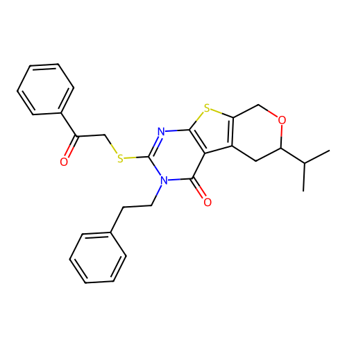 2-[(2-oxo-2-phenylethyl)sulfanyl]-3-(2-phenylethyl)-6-(propan-2-yl)-3,5,6,8-tetrahydro-4H-pyrano[4',3':4,5]thieno[2,3-d]pyrimidin-4-one structure