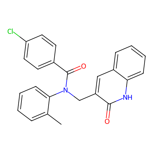 4-chloro-N-(2-methylphenyl)-N-[(2-oxo-1H-quinolin-3-yl)methyl]benzamide structure