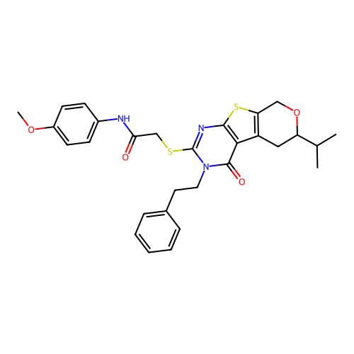 2-((6-isopropyl-4-oxo-3-phenethyl-4,5,6,8-tetrahydro-3H-pyrano[4',3':4,5]thieno[2,3-d]pyrimidin-2-yl)thio)-N-(4-methoxyphenyl)acetamide structure