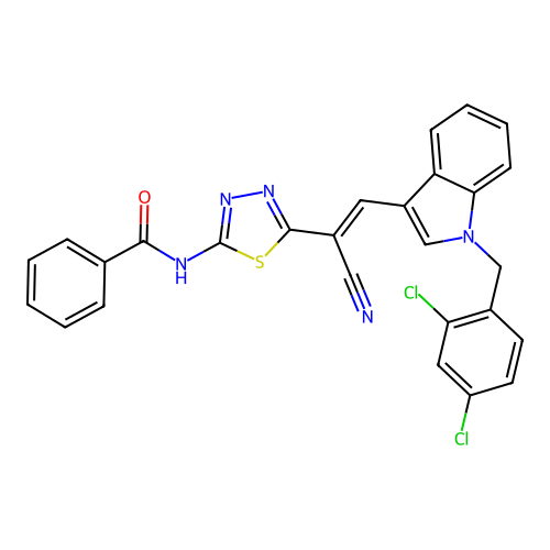 (E)-N-(5-(1-cyano-2-(1-(2,4-dichlorobenzyl)-1H-indol-3-yl)vinyl)-1,3,4-thiadiazol-2-yl)benzamide structure