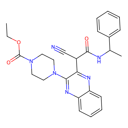 Ethyl 4-[3-[cyano-(1-phenylethylcarbamoyl)methyl]quinoxalin-2-yl]piperazine-1-carboxylate structure