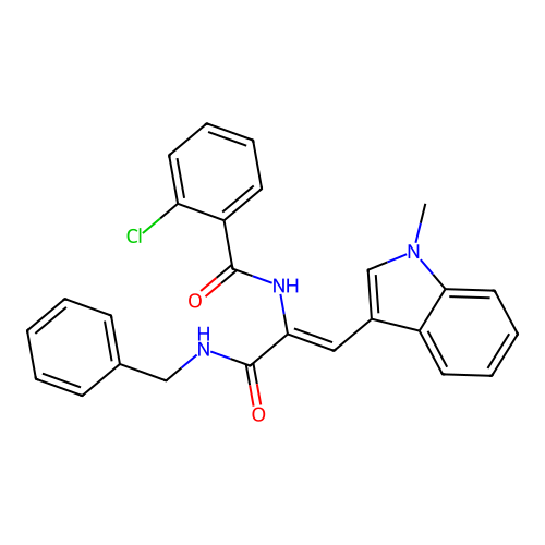 N-[1-(benzylcarbamoyl)-2-(1-methylindol-3-yl)ethenyl]-2-chloro-benzamide structure