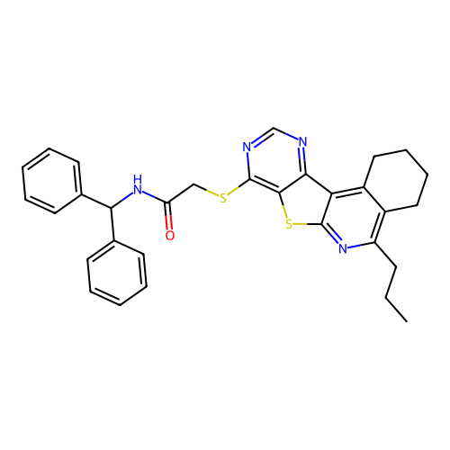N-(diphenylmethyl)-2-[(5-propyl-1,2,3,4-tetrahydropyrimido[4',5':4,5]thieno[2,3-c]isoquinolin-8-yl)sulfanyl]acetamide structure