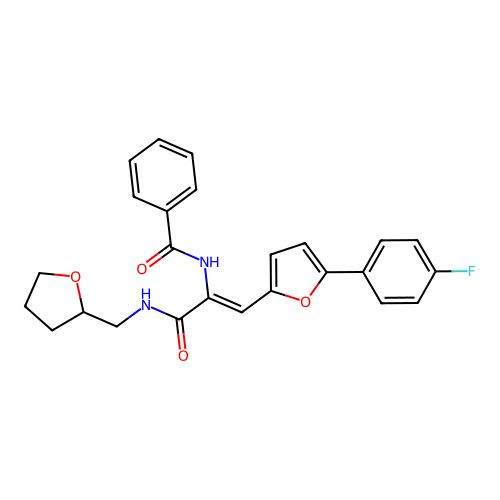 N-{(1Z)-1-[5-(4-fluorophenyl)furan-2-yl]-3-oxo-3-[(tetrahydrofuran-2-ylmethyl)amino]prop-1-en-2-yl}benzamide structure