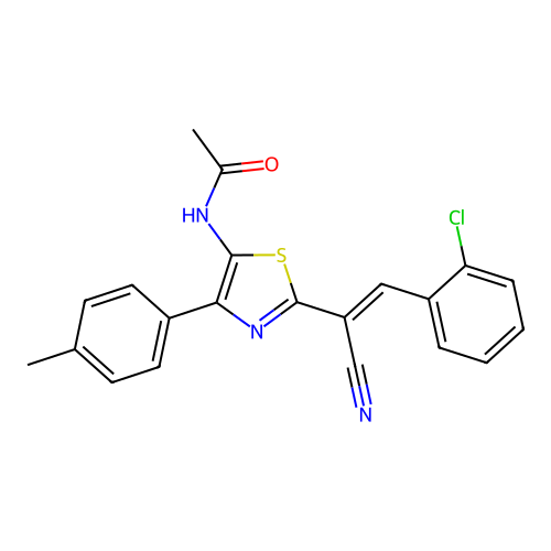 (E)-N-(2-(2-(2-chlorophenyl)-1-cyanovinyl)-4-(p-tolyl)thiazol-5-yl)acetamide structure