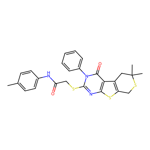 2-((6,6-dimethyl-4-oxo-3-phenyl-4,5,6,8-tetrahydro-3H-thiopyrano[4',3':4,5]thieno[2,3-d]pyrimidin-2-yl)thio)-N-(p-tolyl)acetamide structure