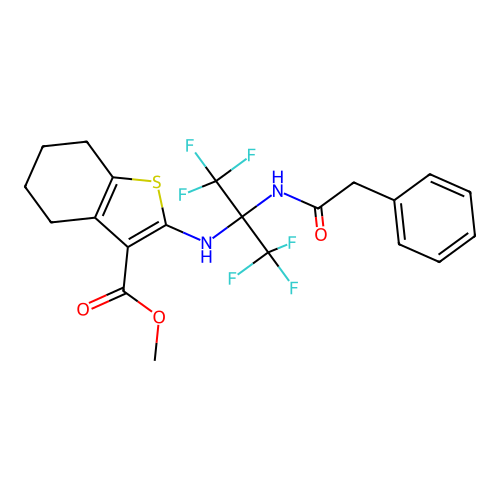 methyl 2-((1,1,1,3,3,3-hexafluoro-2-(2-phenylacetamido)propan-2-yl)amino)-4,5,6,7-tetrahydrobenzo[b]thiophene-3-carboxylate structure
