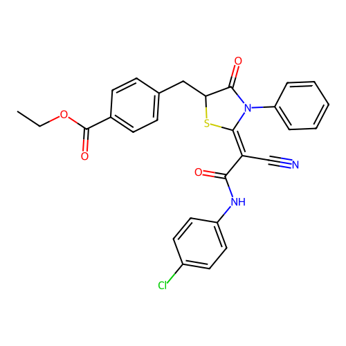 (Z)-ethyl 4-((2-(2-((4-chlorophenyl)amino)-1-cyano-2-oxoethylidene)-4-oxo-3-phenylthiazolidin-5-yl)methyl)benzoate structure