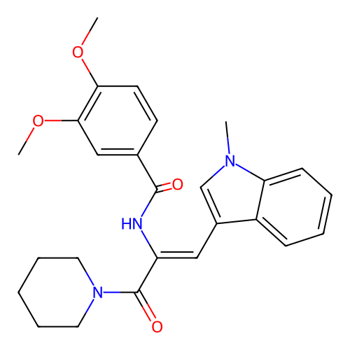 3,4-dimethoxy-N-[1-(1-methylindol-3-yl)-3-oxo-3-(1-piperidyl)prop-1-en-2-yl]benzamide structure