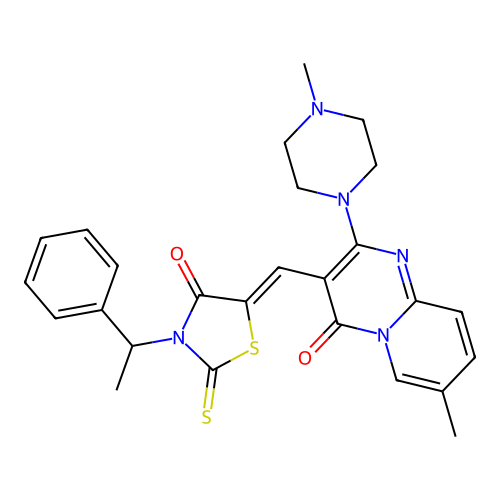 7-methyl-2-(4-methylpiperazin-1-yl)-3-{(Z)-[4-oxo-3-(1-phenylethyl)-2-thioxo-1,3-thiazolidin-5-ylidene]methyl}-4H-pyrido[1,2-a]pyrimidin-4-one structure