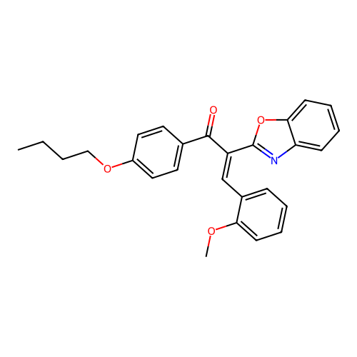 (2E)-2-benzoxazol-2-yl-1-(4-butoxyphenyl)-3-(2-methoxyphenyl)prop-2-en-1-one structure