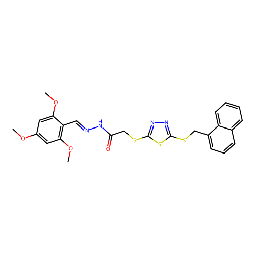 2-({5-[(naphthalen-1-ylmethyl)sulfanyl]-1,3,4-thiadiazol-2-yl}sulfanyl)-N'-[(E)-(2,4,6-trimethoxyphenyl)methylidene]acetohydrazide structure