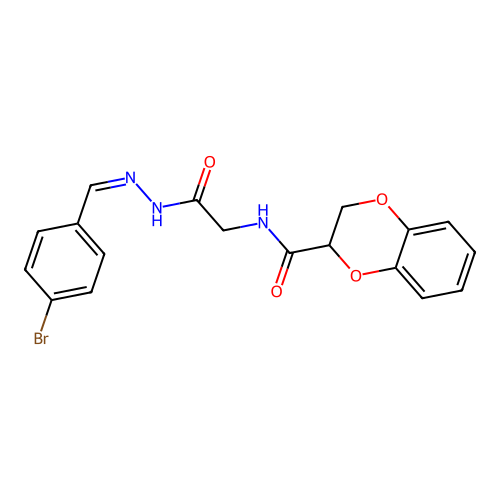 (Z)-N-(2-(2-(4-bromobenzylidene)hydrazinyl)-2-oxoethyl)-2,3-dihydrobenzo[b][1,4]dioxine-2-carboxamide structure