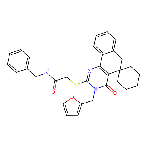 N-benzyl-2-((3-(furan-2-ylmethyl)-4-oxo-4,6-dihydro-3H-spiro[benzo[h]quinazoline-5,1'-cyclohexan]-2-yl)thio)acetamide structure