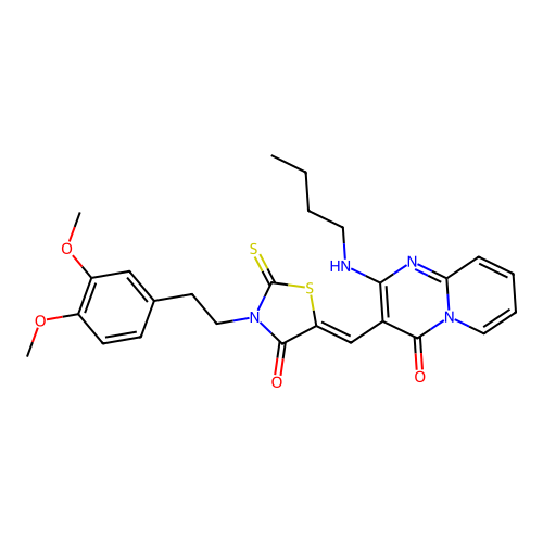 2-(butylamino)-3-[(Z)-{3-[2-(3,4-dimethoxyphenyl)ethyl]-4-oxo-2-thioxo-1,3-thiazolidin-5-ylidene}methyl]-4H-pyrido[1,2-a]pyrimidin-4-one structure