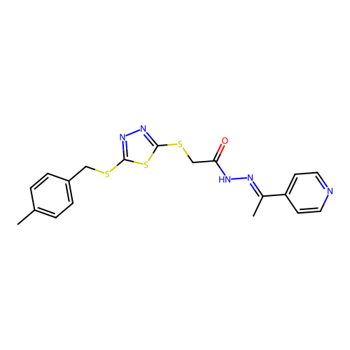 2-({5-[(4-methylbenzyl)sulfanyl]-1,3,4-thiadiazol-2-yl}sulfanyl)-N'-[(1E)-1-(pyridin-4-yl)ethylidene]acetohydrazide structure