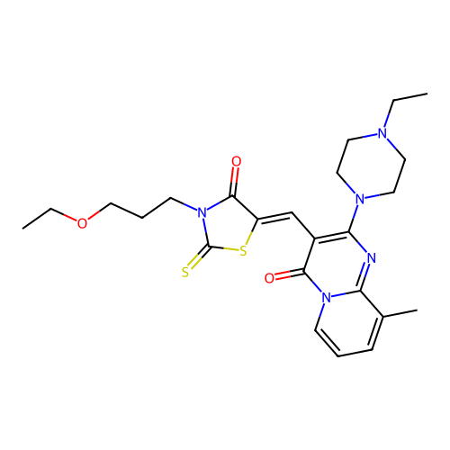 3-{(Z)-[3-(3-ethoxypropyl)-4-oxo-2-thioxo-1,3-thiazolidin-5-ylidene]methyl}-2-(4-ethylpiperazin-1-yl)-9-methyl-4H-pyrido[1,2-a]pyrimidin-4-one structure