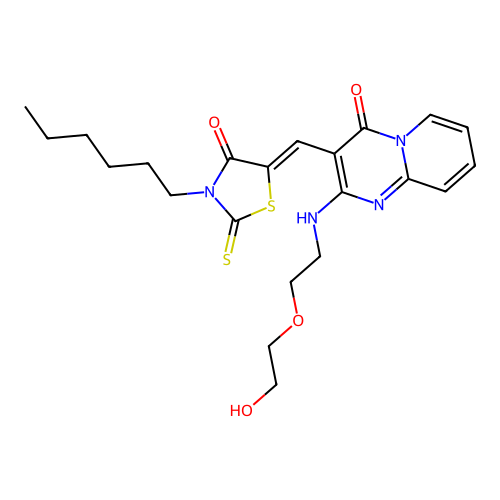 3-[(Z)-(3-hexyl-4-oxo-2-thioxo-1,3-thiazolidin-5-ylidene)methyl]-2-{[2-(2-hydroxyethoxy)ethyl]amino}-4H-pyrido[1,2-a]pyrimidin-4-one structure