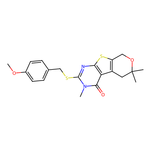 2-((4-methoxybenzyl)thio)-3,6,6-trimethyl-5,6-dihydro-3H-pyrano[4',3':4,5]thieno[2,3-d]pyrimidin-4(8H)-one structure
