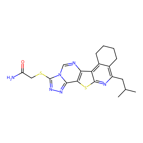 2-((11-isobutyl-7,8,9,10-tetrahydro-[1,2,4]triazolo[4'',3'':1',6']pyrimido[4',5':4,5]thieno[2,3-c]isoquinolin-3-yl)thio)acetamide structure