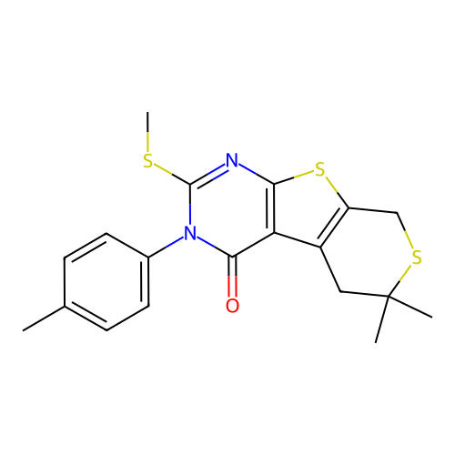 6,6-dimethyl-2-(methylthio)-3-(p-tolyl)-5,6-dihydro-3H-thiopyrano[4',3':4,5]thieno[2,3-d]pyrimidin-4(8H)-one structure