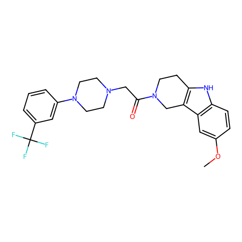 1-(8-methoxy-1,3,4,5-tetrahydro-2H-pyrido[4,3-b]indol-2-yl)-2-{4-[3-(trifluoromethyl)phenyl]piperazin-1-yl}ethanone structure