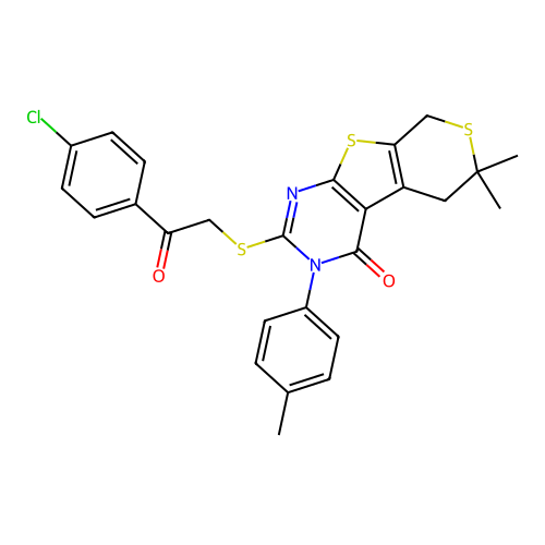 2-((2-(4-chlorophenyl)-2-oxoethyl)thio)-6,6-dimethyl-3-(p-tolyl)-5,6-dihydro-3H-thiopyrano[4',3':4,5]thieno[2,3-d]pyrimidin-4(8H)-one structure