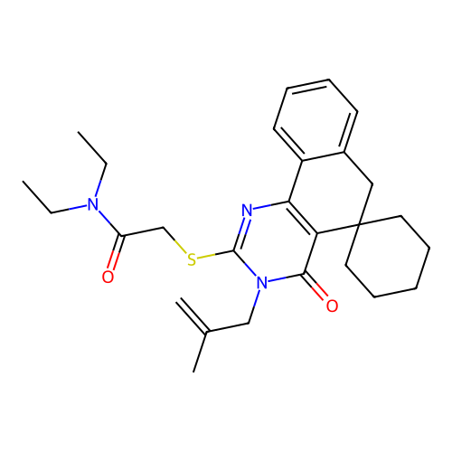 N,N-diethyl-2-((3-(2-methylallyl)-4-oxo-4,6-dihydro-3H-spiro[benzo[h]quinazoline-5,1'-cyclohexan]-2-yl)thio)acetamide structure