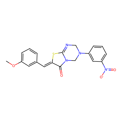 (Z)-7-(3-methoxybenzylidene)-3-(3-nitrophenyl)-3,4-dihydro-2H-thiazolo[3,2-a][1,3,5]triazin-6(7H)-one structure