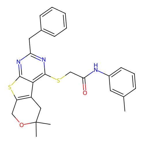 2-((2-benzyl-6,6-dimethyl-6,8-dihydro-5H-pyrano[4',3':4,5]thieno[2,3-d]pyrimidin-4-yl)thio)-N-(m-tolyl)acetamide structure