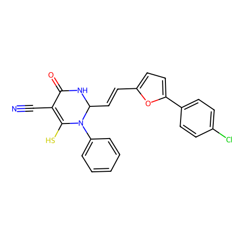 (E)-2-(2-(5-(4-chlorophenyl)furan-2-yl)vinyl)-6-mercapto-4-oxo-1-phenyl-1,2,3,4-tetrahydropyrimidine-5-carbonitrile structure