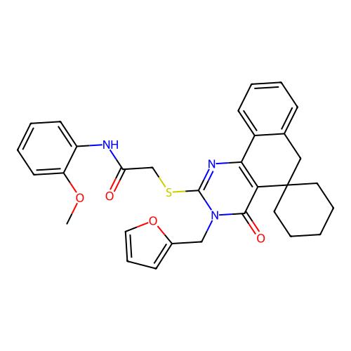 2-((3-(furan-2-ylmethyl)-4-oxo-4,6-dihydro-3H-spiro[benzo[h]quinazoline-5,1'-cyclohexan]-2-yl)thio)-N-(2-methoxyphenyl)acetamide structure