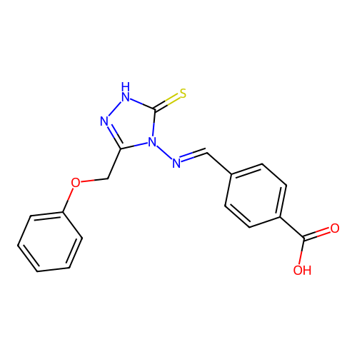 (E)-4-(((3-mercapto-5-(phenoxymethyl)-4H-1,2,4-triazol-4-yl)imino)methyl)benzoic acid structure
