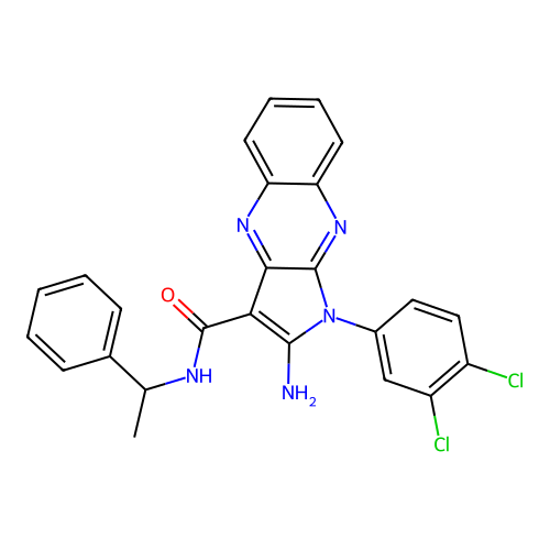 2-amino-1-(3,4-dichlorophenyl)-N-(1-phenylethyl)-1H-pyrrolo[2,3-b]quinoxaline-3-carboxamide structure