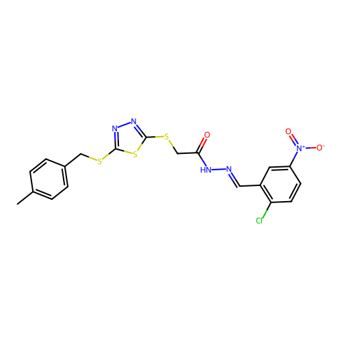 N'-[(E)-(2-chloro-5-nitrophenyl)methylidene]-2-({5-[(4-methylbenzyl)sulfanyl]-1,3,4-thiadiazol-2-yl}sulfanyl)acetohydrazide structure