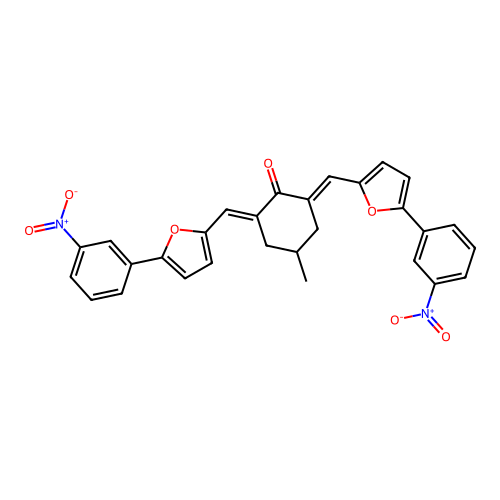 (2E,6E)-4-methyl-2,6-bis{[5-(3-nitrophenyl)furan-2-yl]methylidene}cyclohexanone structure