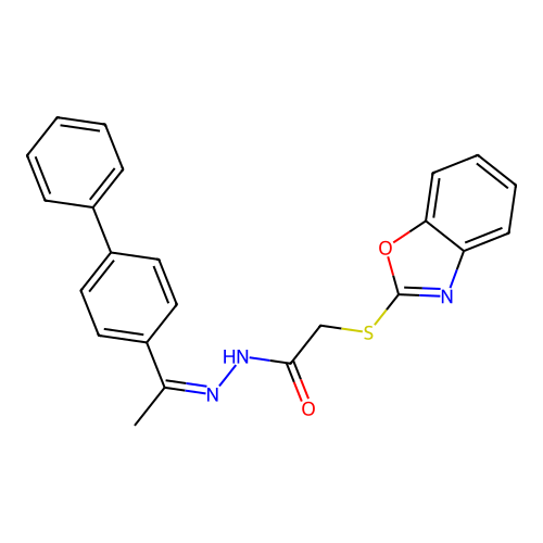 (Z)-N'-(1-([1,1'-biphenyl]-4-yl)ethylidene)-2-(benzo[d]oxazol-2-ylthio)acetohydrazide structure